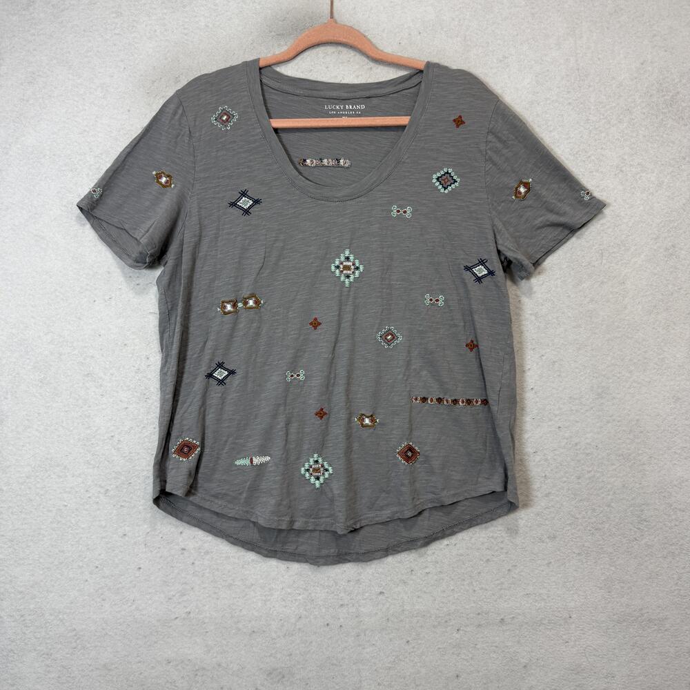Lucky Brand T-Shirt Womens XL Gray Beaded Embroidered Short Sleeve Boho Top
